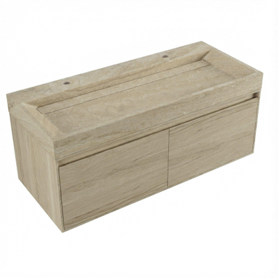 Forzalaqua Ibiza Ensemble meuble de salle de bains - 120x50x50cm - 2 tiroirs - lavabo en travertin - 2 trous de robinet - jeu de supports - bouchon de vidage - Smoke