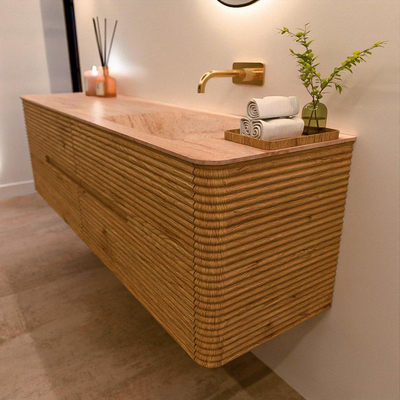 Mondiaz CIRO-DLUX Badkamermeubelset - 170x45x50cm - Solid surface wastafel Saba - 1 wasbak Rechts - zonder kraangaten - 4 lades - Oak