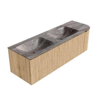 MONDIAZ KURVE-DLUX meuble de salle de bains 145cm arrondi à droite couleur Oak avec 1 tiroir et 1 porte. Lavabo LEAF double / gauche sans trou de robinet Oza.