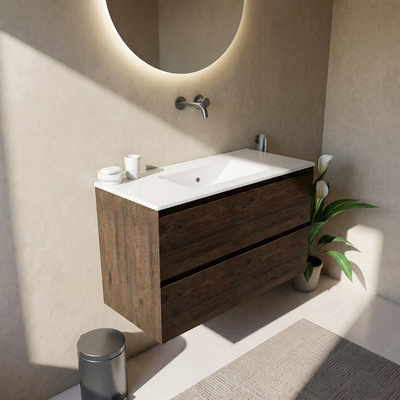Saniclass Holz Pure Ensemble de meubles de salle de bains - 100x45x62cm - Lavabo en céramique Vygo blanc - 1 vasque - sans trou de robinet - 2 tiroirs - chêne charcoal mat (bois)