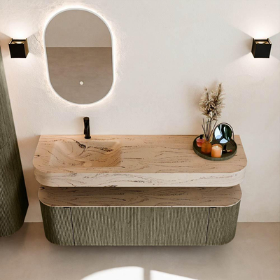 MONDIAZ THOR-DLUX 150cm meuble de salle de bains arrondi gauche + droite couleur Shadow avec 1 tiroir et 2 portes. Vasque suspendue CLOUD Gauche 1 trou de robinet couleur Arena.