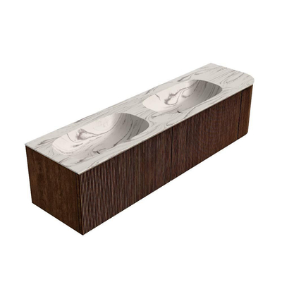 MONDIAZ KURVE-DLUX meuble de salle de bains 175cm arrondi à droite couleur noyer avec 2 tiroirs et 1 porte. Lavabo STOR SMALL double / gauche 2 trous de robinet Nata.