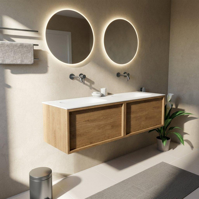 Saniclass Holz Frame Ensemble meuble de salle de bains - 140x45x41.5cm - lavabo Flow en solid surface blanc - 2 vasques - sans trous de robinetterie - 2 tiroirs - chêne naturel mat (bois)