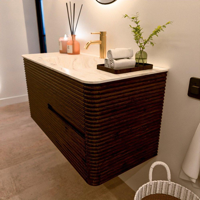 Mondiaz CIRO-DLUX Badkamermeubelset - 100x45x50cm - Solid surface wastafel Ostra - 1 wasbak Midden - 1 kraangat - 2 lades - Walnut