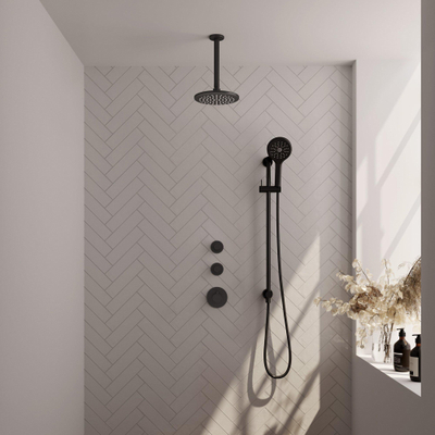 Ensemble de douche pluie encastré Brauer Black Carving - douche principale 20 cm - bras plafond - 3 boutons avec relief - douchette ronde 1 fonction - noir mat