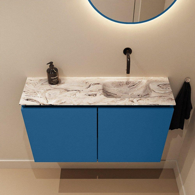 MONDIAZ TURE-DLUX Meuble toilette - 80cm - Jeans - EDEN - vasque Glace - position droite - sans trou de robinet