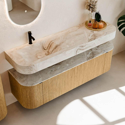 MONDIAZ THOR-DLUX 160cm meuble de salle de bains arrondi gauche + droite couleur Oak avec 1 tiroir et 2 portes. Vasque suspendue CLOUD gauche 1 trou de robinet couleur Frappe.