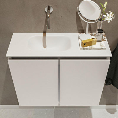 MONDIAZ TURE Toiletmeubel 60x23x50cm met 0 kraangaten 2 deuren linen mat Wastafel Eden links Solid Surface Wit