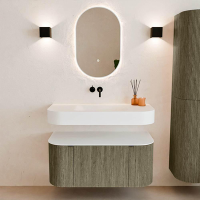 MONDIAZ THOR 100cm meuble de salle de bains arrondi gauche + droite couleur Shadow avec 1 tiroir et 2 portes. Vasque suspendue CLOUD Milieu sans trou de robinet couleur Talc.