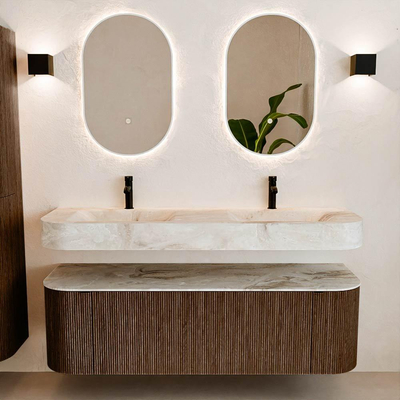 MONDIAZ THOR-DLUX 150cm meuble de salle de bains arrondi gauche + droite couleur Walnut avec 1 tiroir et 2 portes. Vasque suspendue CLOUD Double 2 trous de robinet couleur Frappe.