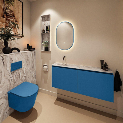MONDIAZ TURE-DLUX Meuble de toilette 120 cm Jeans. Lavabo EDEN Glace position gauche. Sans trou de robinet.