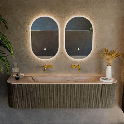 MONDIAZ KURVE-DLUX Meuble de salle de bains 170cm courbure Gauche + Droite couleur Shadow avec 1 tiroir et 2 portes. Lavabo BIG LARGE Central sans trou de robinet Arena.