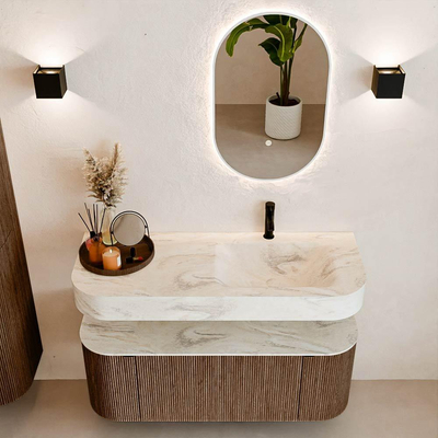 MONDIAZ THOR-DLUX 120cm meuble de salle de bains arrondi gauche + droite couleur Walnut avec 1 tiroir et 2 portes. Vasque suspendue CLOUD Droite 1 trou de robinet couleur Ostra.