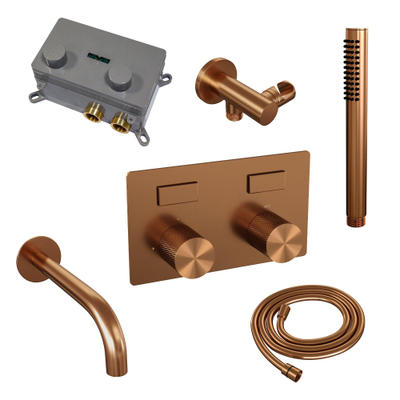 BRAUER Copper Carving thermostatische inbouw badkraan - drukknoppen SET 03 - uitloop - staaf handdouche - doucheslang - wandaansluitbocht - koper geborsteld PVD