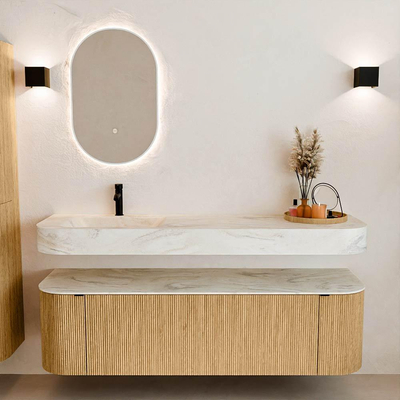 MONDIAZ THOR-DLUX 160cm badmeubel ronding links + rechts kleur Oak met 1 lade en 2 deuren. Vrijhangende wastafel CLOUD Links 1 kraangat kleur Ostra.