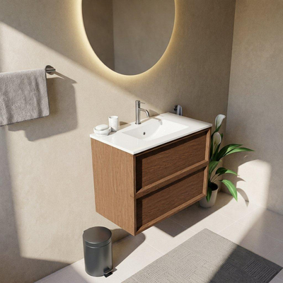 Saniclass Holz Frame Ensemble meuble de salle de bains - 80x45x62cm - lavabo Vygo en céramique blanc - 1 vasque - 1 trou de robinetterie - 2 tiroirs - noyer pur mat (bois)