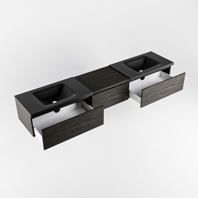 MONDIAZ BUKLA 220cm ensemble de meuble avec module 60 couleur Marron foncé avec 3 tiroirs. Lavabo CLOUD double 2 trous de robinet couleur Urban.