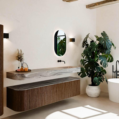 MONDIAZ THOR-DLUX 190cm meuble de salle de bains arrondi gauche + droite couleur Walnut avec 2 tiroirs et 2 portes. Vasque suspendue CLOUD droite sans trou de robinet couleur Sombra.