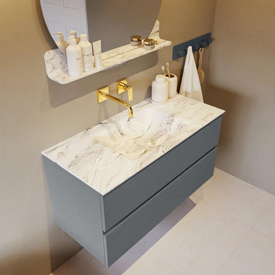 Mondiaz VICA-DLUX Ensemble de meuble de salle de bain - 100cm - meuble sous-vasque plata - 2 tiroirs - lavabo encastrée cloud milieu - sans trous de robinet - version haute de 60cm - glace