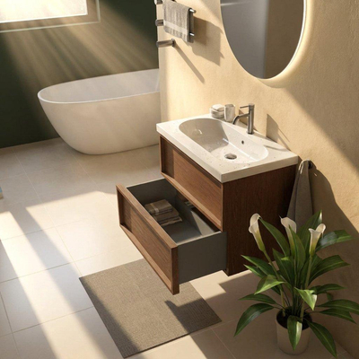 Saniclass Holz Frame Ensemble de meubles de salle de bains - 80x45x63.5cm - Vasque en céramique Palermo blanche - 1 vasque - 1 trou de robinetterie - 2 tiroirs - walnut pure mat (bois)