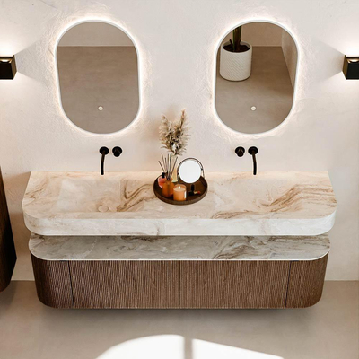 MONDIAZ THOR-DLUX 180cm meuble de salle de bains arrondi gauche + droite couleur Walnut avec 2 tiroirs et 2 portes. Vasque suspendue CLOUD Double sans trou de robinet couleur Frappe.