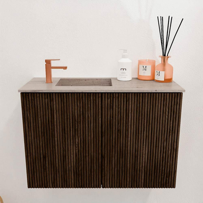 Mondiaz JOYA-DLUX 60cm toiletmeubel - kleur Walnut - Wastafel FAYE positie Links 1 kraangat kleur Saba.