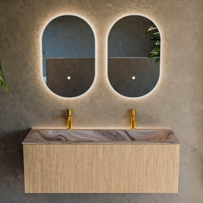 MONDIAZ KURVE-DLUX 120cm badmeubel kleur Oak met 1 lade en 0 deuren. Wastafel BIG LARGE Midden 2 kraangaten Sombra.