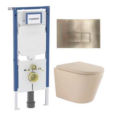 QeramiQ Dely Ensemble de toilettes - 36,3x51,7cm - cuvette profonde - sans bride - réservoir encastré Geberit UP720 - abattant de toilette softclose 35 mm - plaque de commande laiton brossé - boutons rectangulaires - beige mat