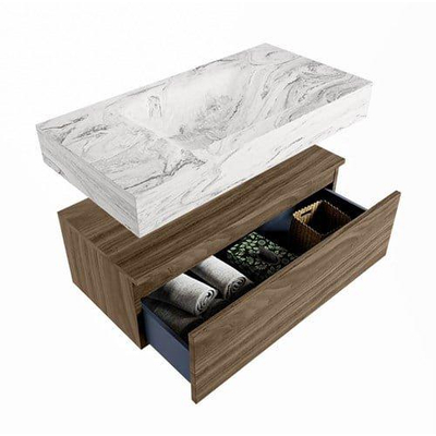 Mondiaz ALAN-DLUX Ensemble de meuble salle de bain - 90cm - 1 tiroir - lavabo suspendu CLOUD - Glace - milieu - sans trou de robinet - Mocha