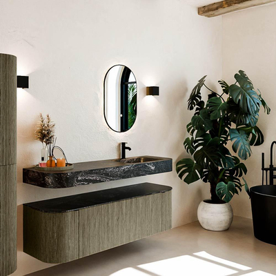 MONDIAZ THOR-DLUX 150cm meuble de salle de bains arrondi gauche + droite couleur Shadow avec 1 tiroir et 2 portes. Vasque suspendue CLOUD Droite 1 trou de robinet couleur Lava.