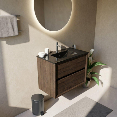 Saniclass Holz Frame Ensemble meuble de salle de bains - 80x45x62cm - Vygo lavabo en céramique noir - 1 vasque - 1 trou de robinet - 2 tiroirs - chêne charcoal mat (bois)