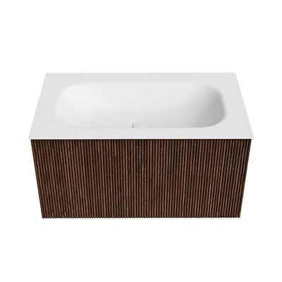MONDIAZ KURVE 80cm badmeubel kleur Walnut met 1 lade. Wastafel BIG SMALL midden 1 kraangat Talc.