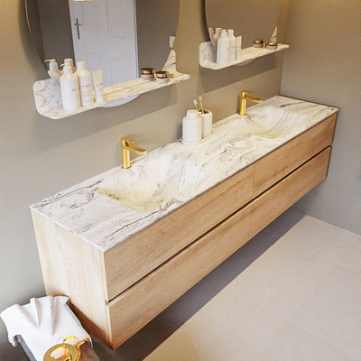 Mondiaz VICA-DLUX ensemble de meuble de salle de bain - 200cm - meuble sous-vasque chêne blanchi - 4 tiroirs - lavabo encastré cloud double - 2 trous de robinet - version haute de 60cm - glace