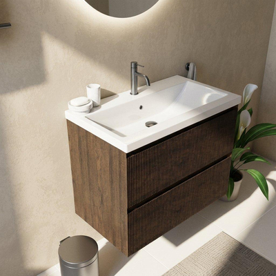Saniclass Holz Atelier Ensemble meuble de salle de bains - 80x45x63.5cm - lavabo en céramique Bari blanc - 1 vasque - 1 trou de robinetterie - 2 tiroirs - chêne charcoal mat (bois)