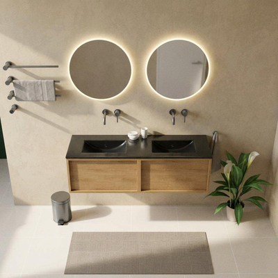Saniclass Holz Frame Ensemble meuble de salle de bains - 140x45x42cm - lavabo Vygo en céramique noir - 2 vasques - sans trous de robinetterie - 2 tiroirs - chêne natural mat (bois)
