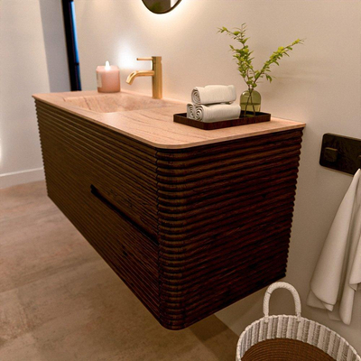 Mondiaz CIRO-DLUX Badkamermeubelset - 120x45x50cm - Solid surface wastafel Saba - 1 wasbak Links - 1 kraangat - 2 lades - Walnut