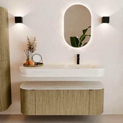 MONDIAZ THOR-DLUX 130cm meuble de salle de bains arrondi gauche + droite couleur Dusk avec 1 tiroir et 2 portes. Vasque suspendue CLOUD Droite 1 trou de robinet couleur Meli.