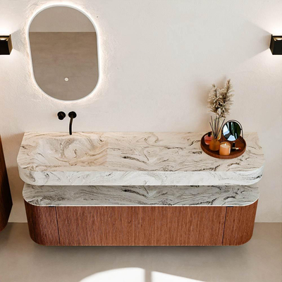 MONDIAZ THOR-DLUX 170cm badmeubel ronding links + rechts kleur Ruby met 1 lade en 2 deuren. Vrijhangende wastafel CLOUD Links zonder kraangat kleur Glace.