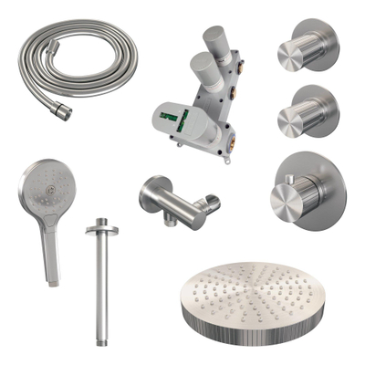 BRAUER Stripe Thermostatische Inbouw Regendouche - SET 06 - 25cm douchekop - plafondarm - 3-standen handdouche - doucheslang - wandaansluitbocht - RVS-kleurig geborsteld PVD