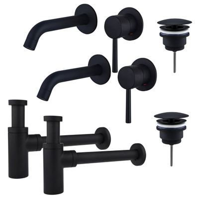 FugaFlow Eccelente Sobrado Slim Kit robinet lavabo - pour double vasque - robinet rehaussé - bonde non-obturable - siphon design - Noir mat