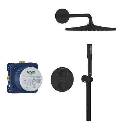 Grohe Precision regendoucheset – thermostatisch – Ø31 cm ronde hoofddouche – gebogen wandarm – mat zwart