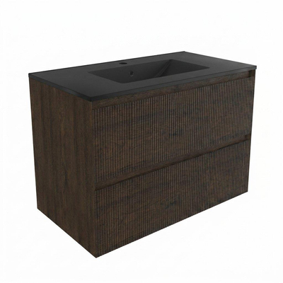Saniclass Holz Atelier Ensemble de meuble de salle de bains - 80x45x62cm - Lavabo Vygo en céramique noir - 1 vasque - 1 trou de robinet - 2 tiroirs - chêne charcoal mat (bois)