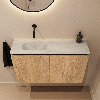 MONDIAZ TURE-DLUX 80cm toiletmeubel Washed Oak. EDEN wastafel Opalo positie links. Zonder kraangat.