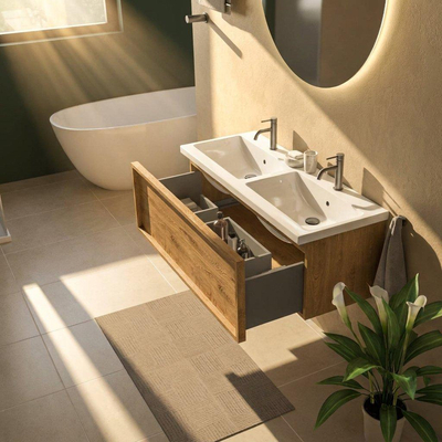 Saniclass Holz Frame Ensemble de meubles de salle de bains - 120x45x43.5cm - lavabo en céramique Bari blanc - 2 vasques - 2 trous de robinetterie - 1 tiroir - chêne natural mat (bois)
