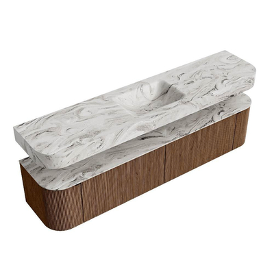 MONDIAZ THOR-DLUX 200cm badmeubel ronding links + rechts kleur Walnut met 2 lades en 2 deuren. Vrijhangende wastafel CLOUD Midden zonder kraangat kleur Glace.