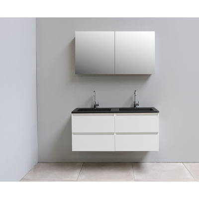 Basic Bella Meuble salle de bains avec lavabo acrylique Noir avec armoire toilette 2 portes gris 120x55x46cm 2 trous de robinet Blanc brillant