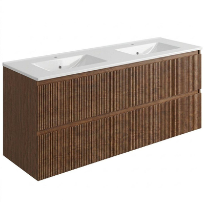 Saniclass Holz Atelier Badkamermeubelset - 140x45x60cm - keramische wastafel wit - 2 wasbakken - 2 kraangaten - 4 lades - Walnut pure