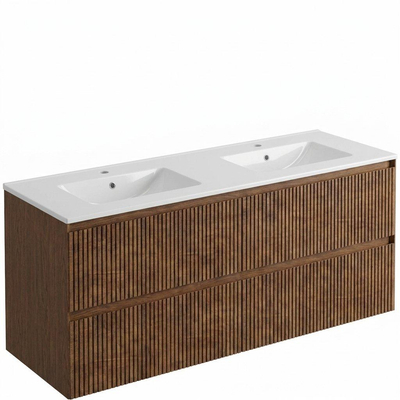 Saniclass Holz Atelier Ensemble meuble de salle de bains - 140x45x62cm - Lavabo Vygo en céramique blanc - 2 vasques - 2 trous de robinetterie - 4 tiroirs - brillant walnut pure (bois)