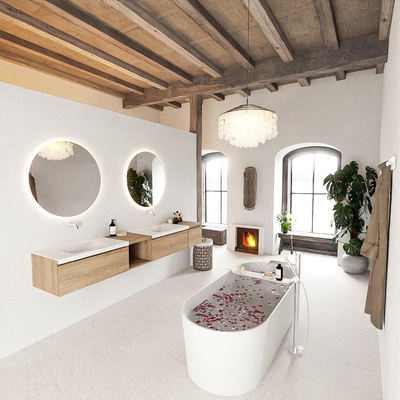 MONDIAZ BUKLA 240cm badmeubel met open module 40 links kleur Washed Oak met 3 lades. Wastafel CLOUD dubbel 0 kraangaten kleur Talc.