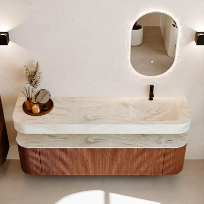 MONDIAZ THOR-DLUX 180cm meuble de salle de bains arrondi gauche + droite couleur Ruby avec 2 tiroirs et 2 portes. Vasque suspendue CLOUD Droite 1 trou de robinet couleur Ostra.